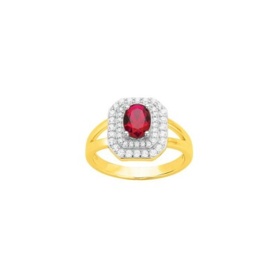 Bague en plaqué or, spinelle rouge et oxyde de zirconium