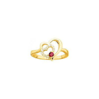 Bague en plaqué or, spinelle synhtétique rouge et oxyde de zirconium