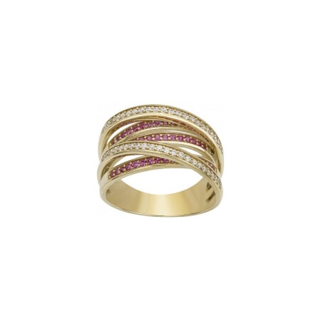 Bague en plaqué or, oxydes de zirconium et spinelle synthétique rouge