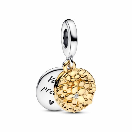 Charm Pandora Moments Pendant Double Marguerite Bicolore My en argent, métal doré et diamant