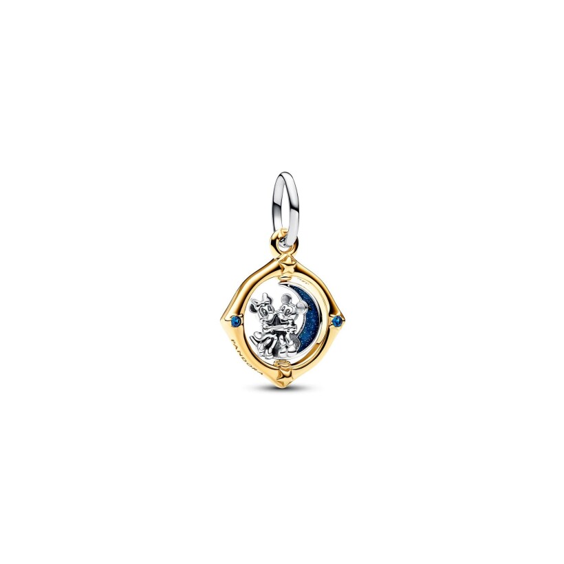 Charm Pandora Pendant Disney Mickey Et Minnie Lune Pivotante Bimatière en métal doré, argent, résine et cristal de synthèse