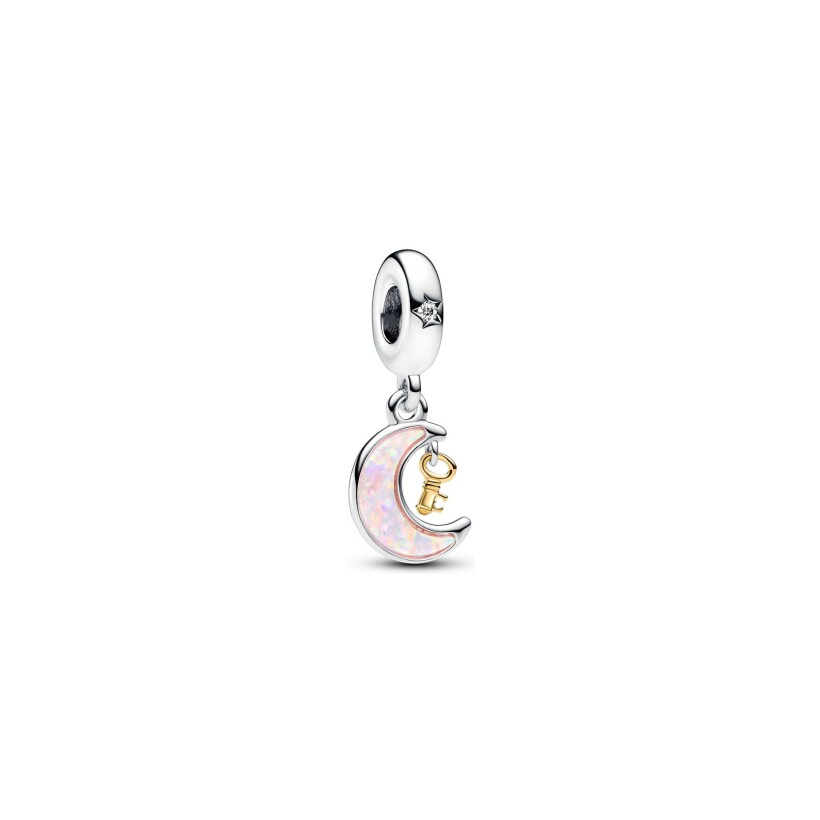 Charm Pandora Pendant Clé Et Lune Bimatière en métal doré, argent, oxydes de zirconium et opale