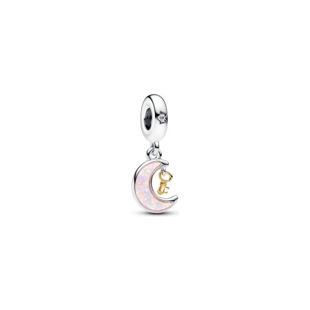 Charm Pandora Pendant Clé Et Lune Bimatière en métal doré, argent, oxydes de zirconium et opale