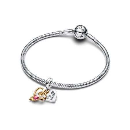 Charm Pandora Moments pendant double cœur & flèche gravable en argent, métal doré et oxyde de zirconium