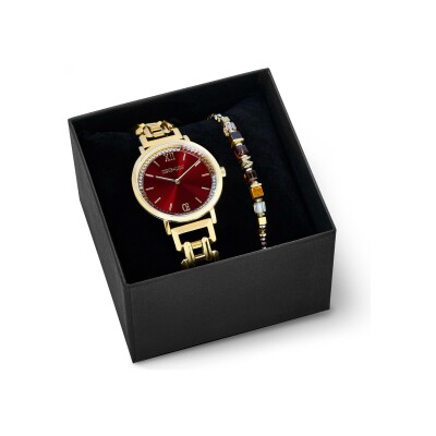 Coffret Cadeau Coeur de Lion Montre Ronde Sparkling Festive Red & Bracelet Wave Cube Flow or-marron