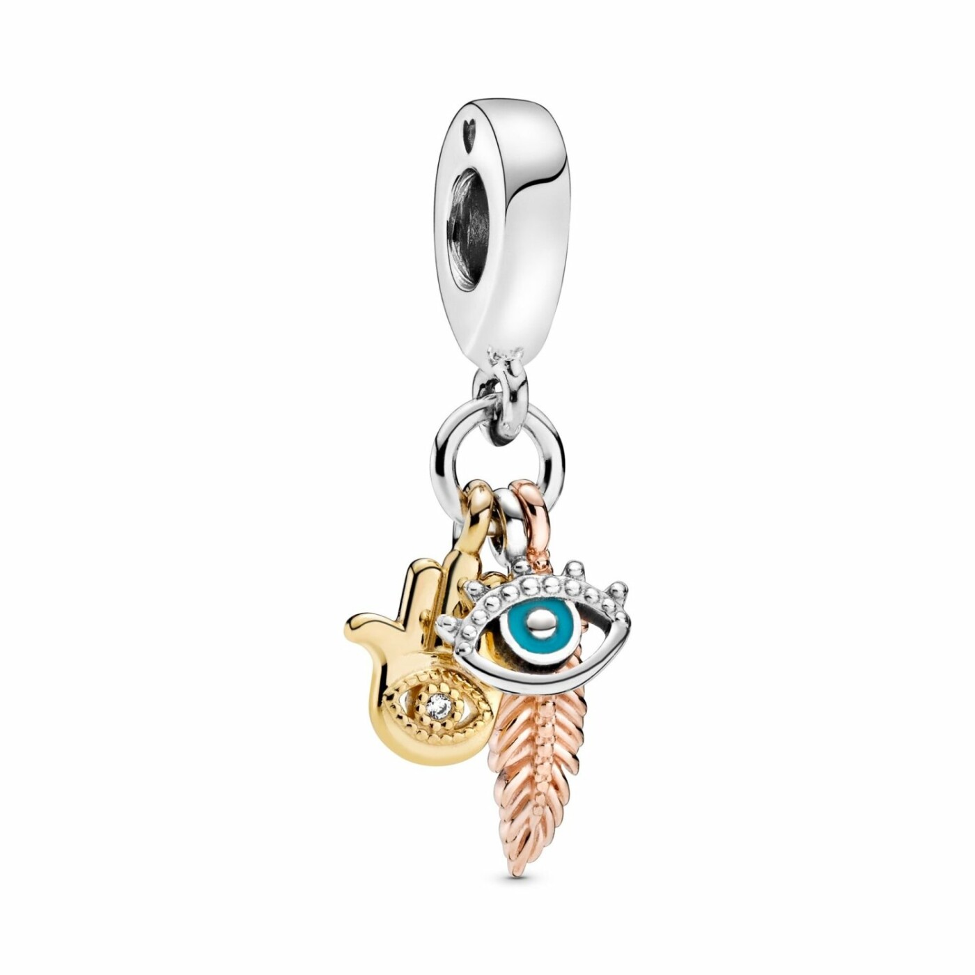 Charm Pandora Passions pendant spiritualité main de fatma, œil qui voit tout & plume en argent, métal doré, métal doré rose et oxyde de zirconium