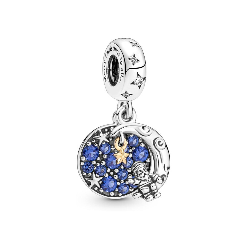 Charm Pandora avec pendentif le Père Noël sur la lune en argent et métal doré