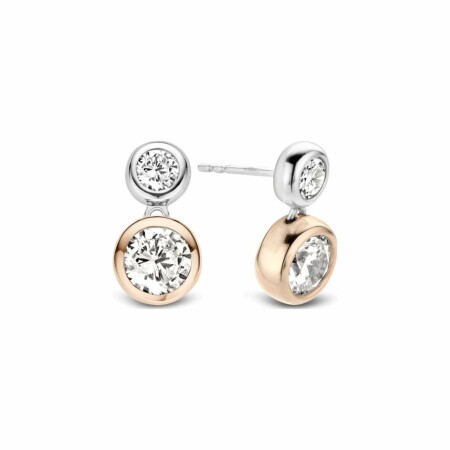 Boucles d'oreilles Ti Sento en argent, serti clos rond doré rose et rond pavé