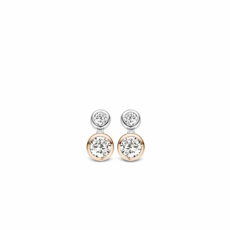 Boucles d'oreilles Ti Sento en argent, serti clos rond doré rose et rond pavé