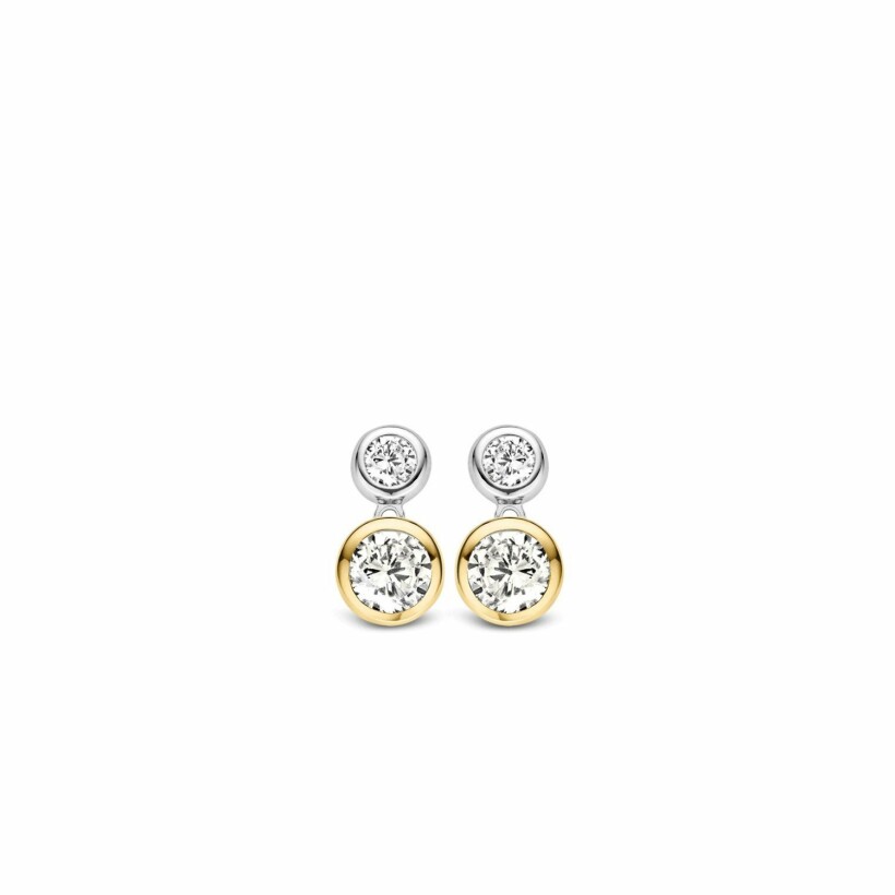 Boucles d'oreilles Ti Sento en argent, serti clos rond doré et rond pavé