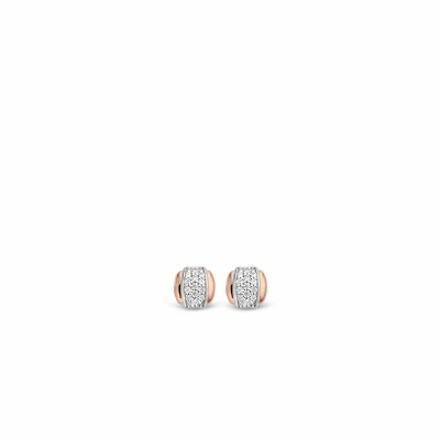 Boucles d'oreilles puces Ti Sento en argent et oxydes de zirconium, entouré de deux godrons dorés rose