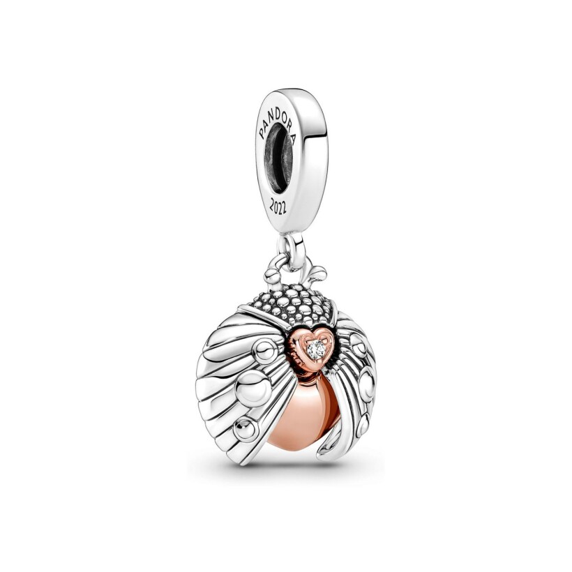 Charm Pandora avec pendentif coccinelle & cœur en argent, métal doré rose et diamant