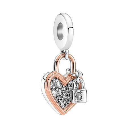 Charm Pandora Moments pendant double cadenas cœur en argent, métal doré à l'or rose fin et oxyde de zirconium