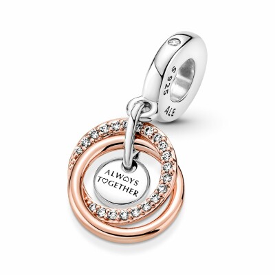 Charm pendant Pandora Cercles Ma Famille Pour Toujours en argent, métal doré et oxyde de zirconium