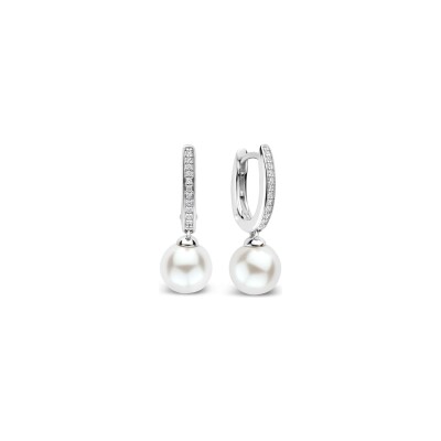Boucles d'oreilles pendantes Ti Sento en argent plaqué platine et perle d'imitation