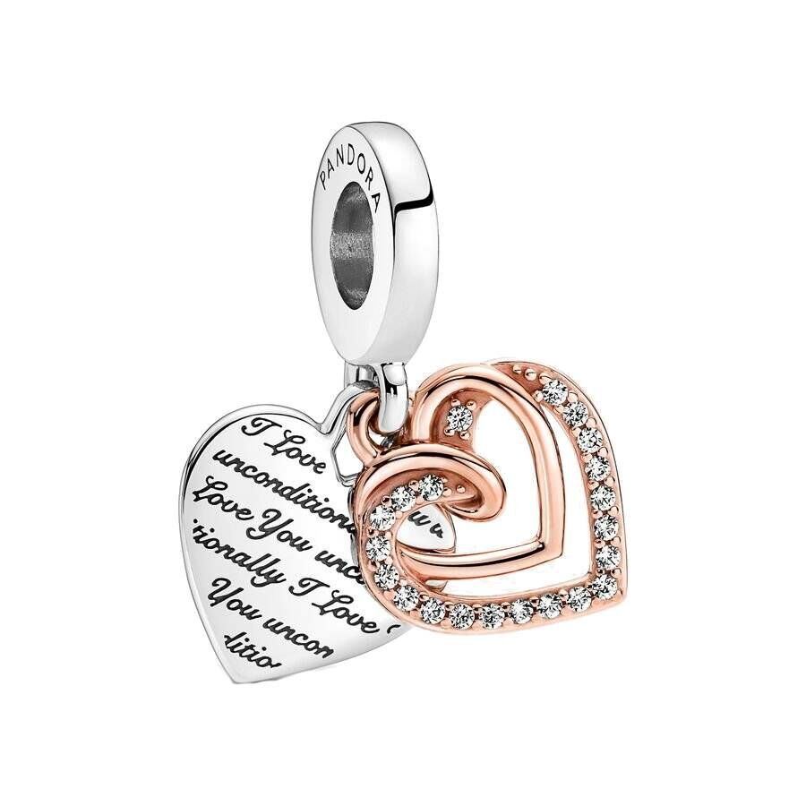 Charm Pandora Moments pendant double cœurs entrelacés en argent, métal doré à l'or rose fin et oxyde de zirconium