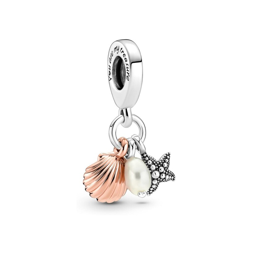 Charm pendant Pandora Moments Triple, Étoile De Mer & Coquillage en argent, métal doré rose et perle de culture