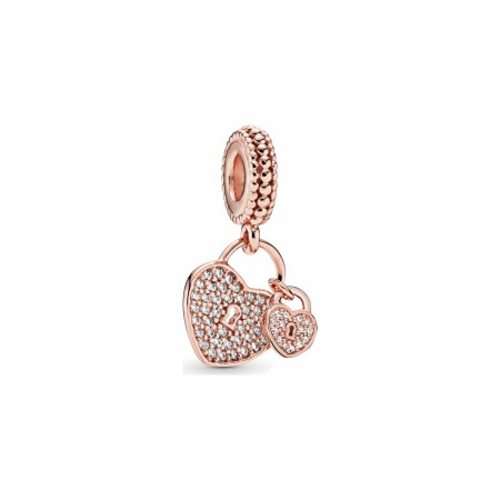 Charm Pandora People pendant cadenas cœur pavé en métal doré rose et oxyde de zirconium