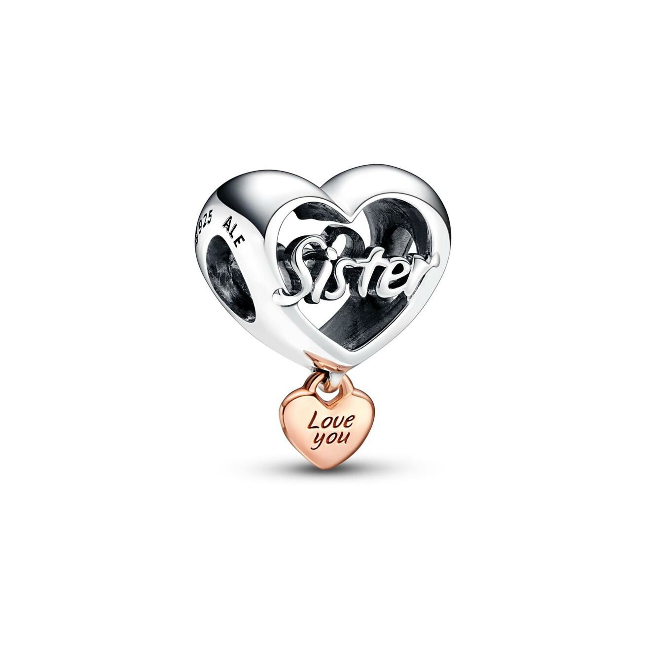 Charm Pandora Cœur De Sœur Rose en argent et métal doré rose