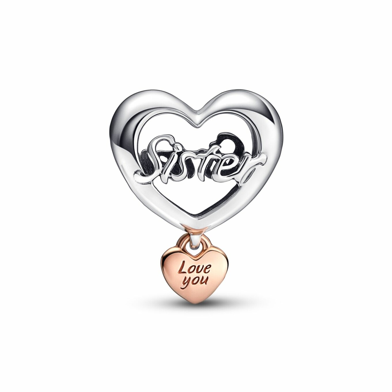 Charm Pandora Cœur De Sœur Rose en argent et métal doré rose