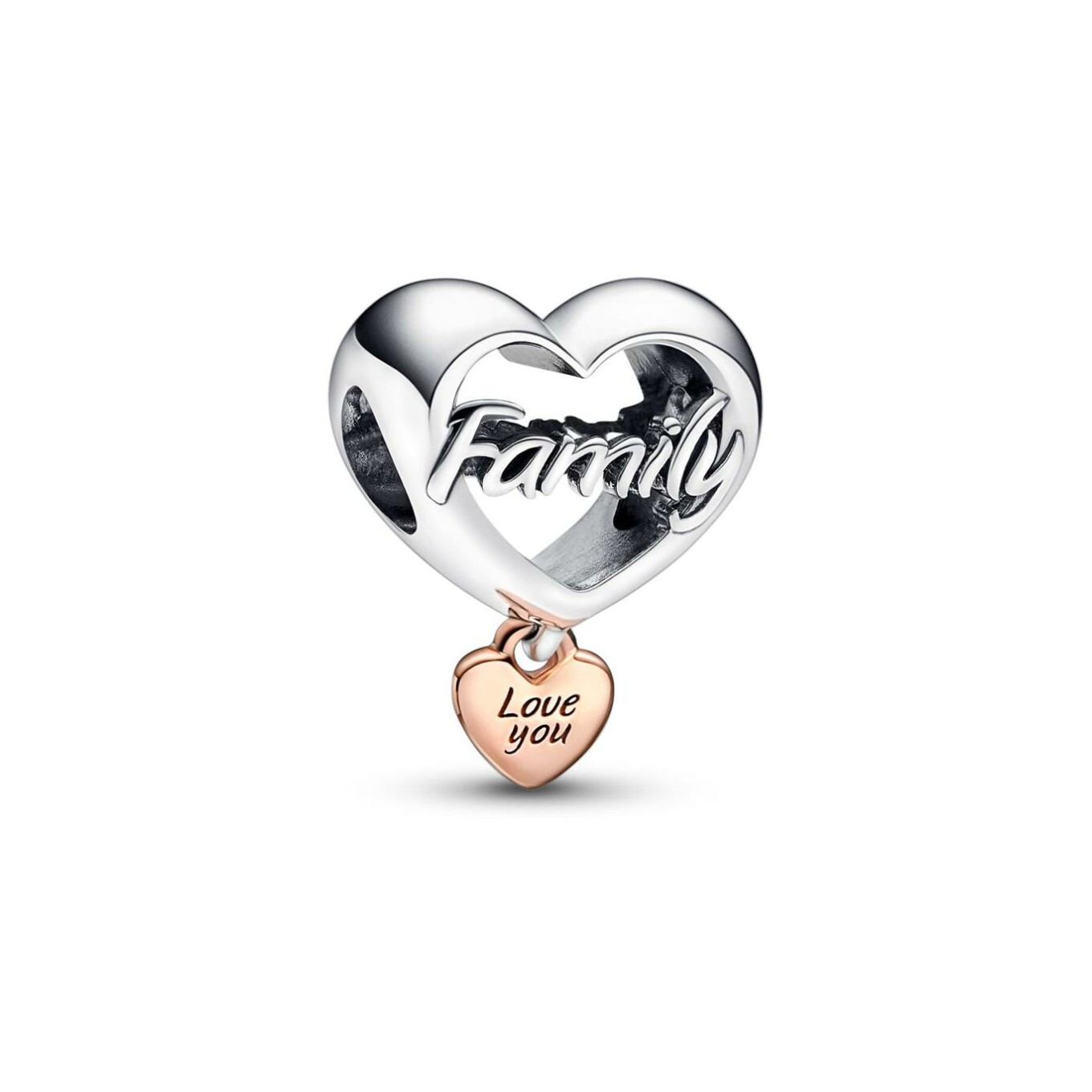 Charm Pandora Moments Cœur De Famille Love You en argent et métal doré rose