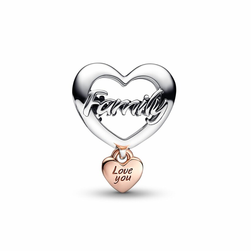 Charm Pandora Moments Cœur De Famille Love You en argent et métal doré rose