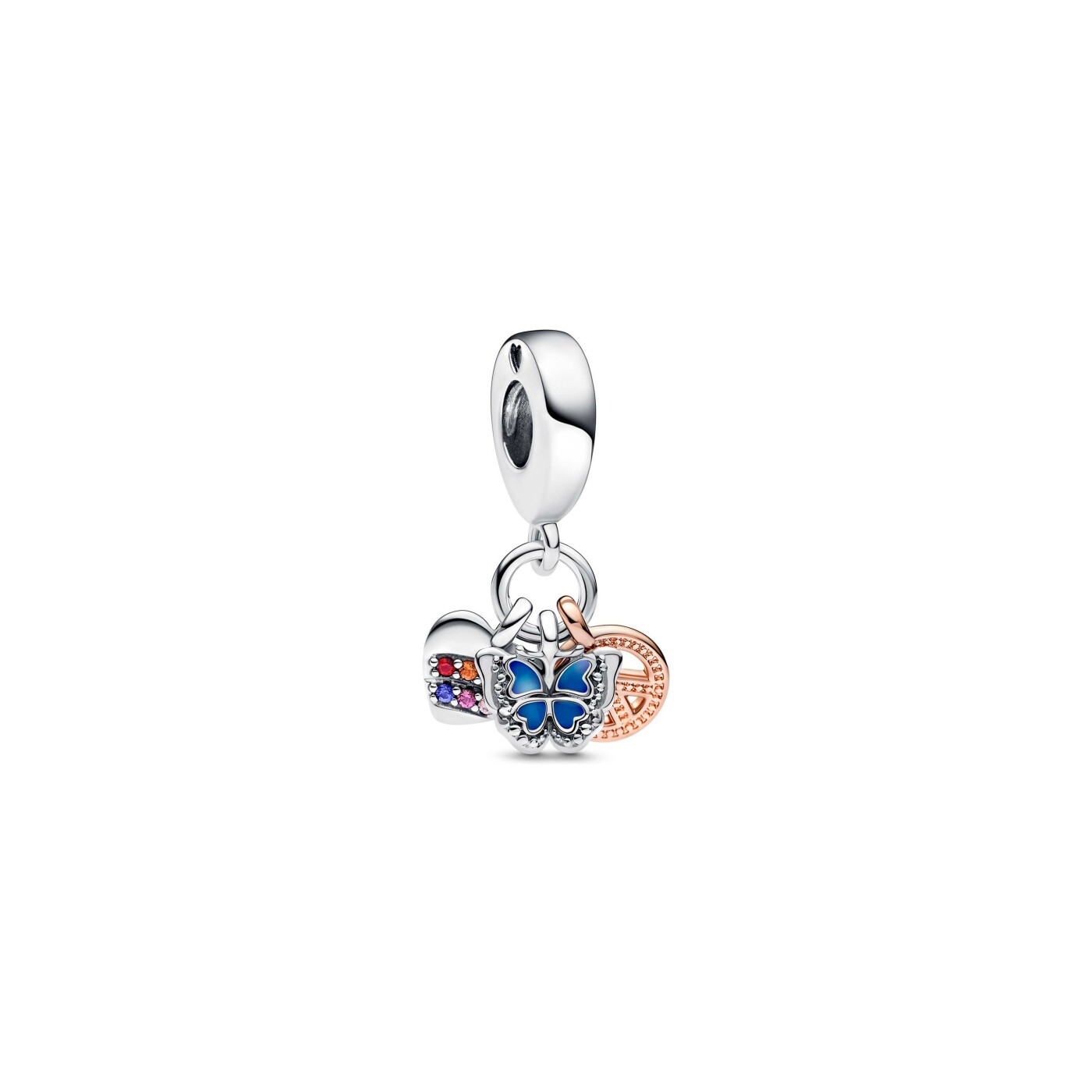 Charm Pandora Moments triple cœur arc-en-ciel, papillon & paix en argent et métal doré rose 