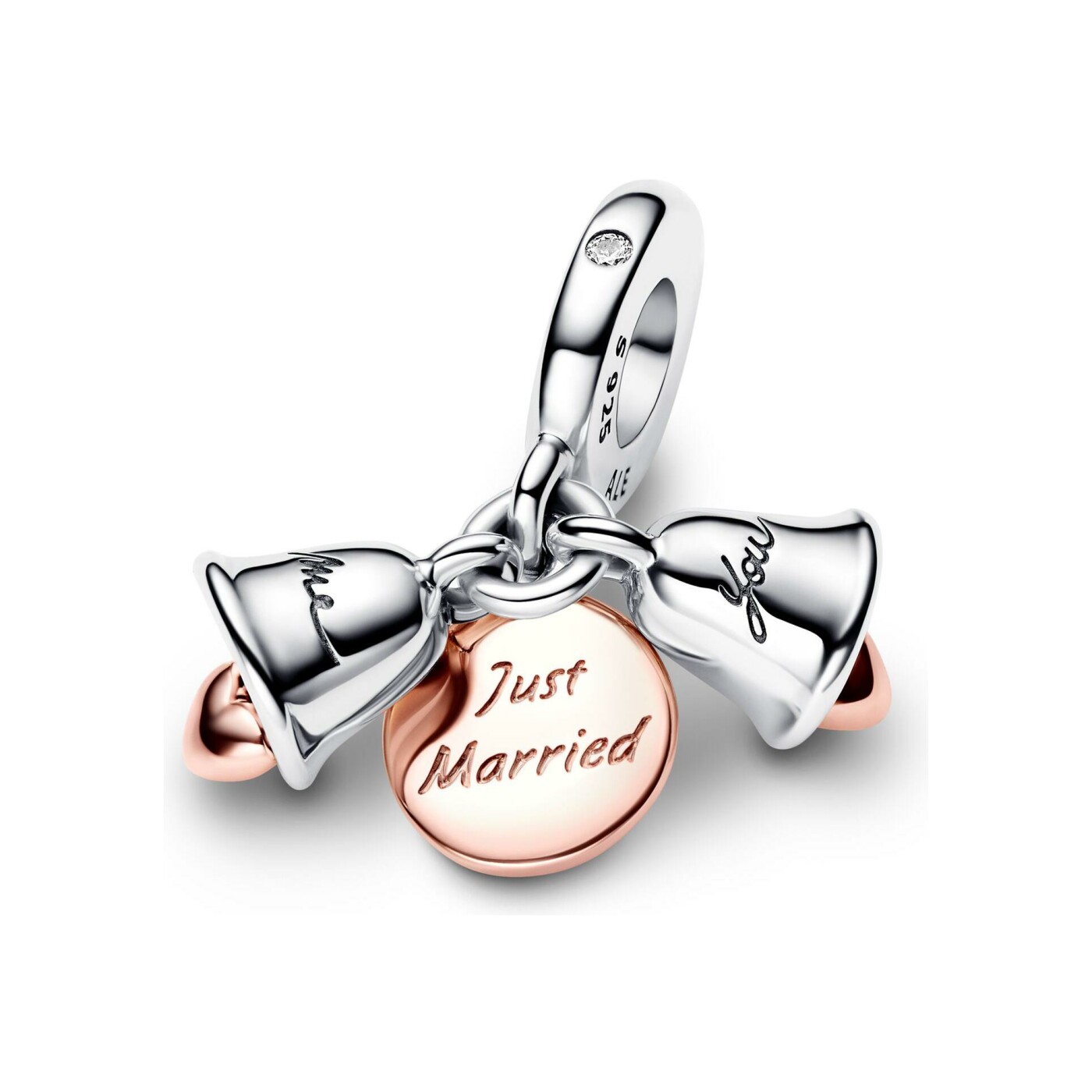 Charm Pandora double cloches de mariage en argent, métal doré rose et oxyde de zirconium