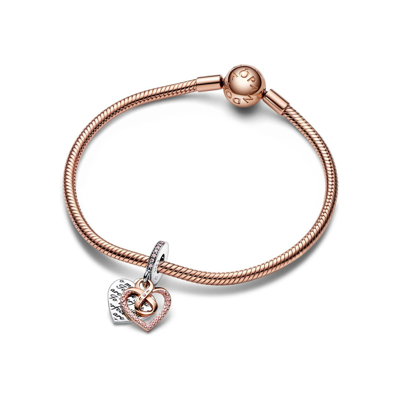 Charm Pandora double cœur infini en argent, métal doré rose et oxyde de zirconium