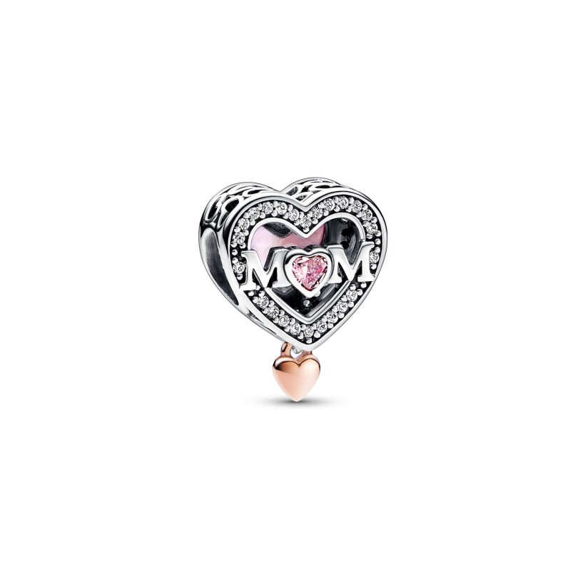 Charm Pandora maman & cœur en argent, métal doré rose et oxyde de zirconium