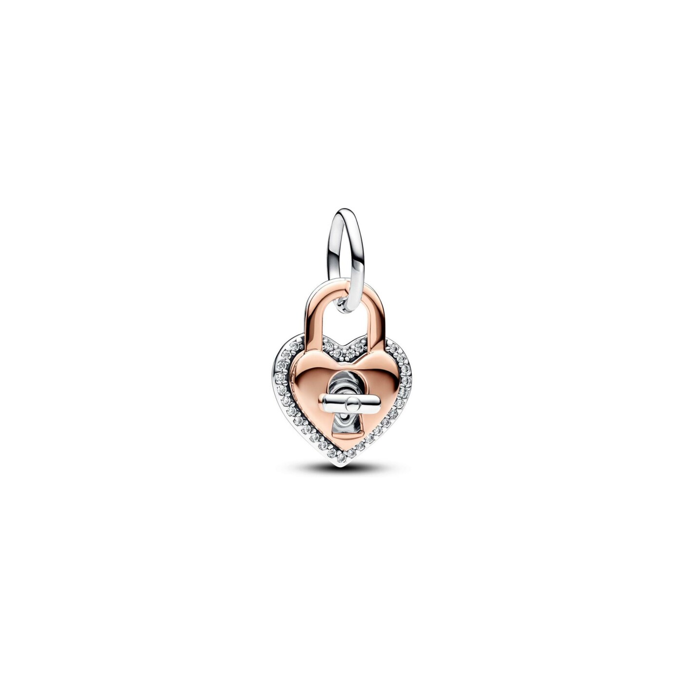 Charm Pandora Pendant Double Cadenas Cœur Barre Pivotante Bimatière en métal doré rose, argent et oxydes de zirconium