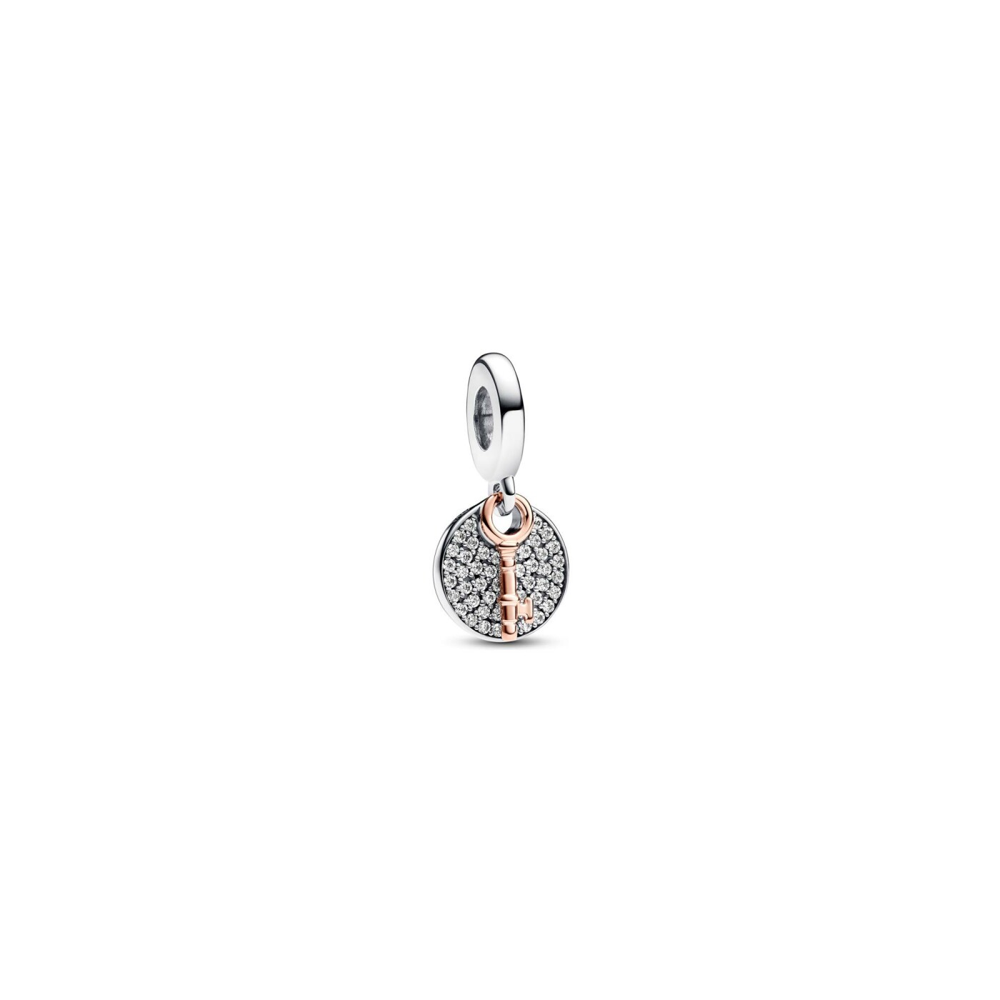 Charms Pandora Moments Pendant Double Clé Du Bonheur Bicolore en argent, métal doré rose et oxydes de zirconium