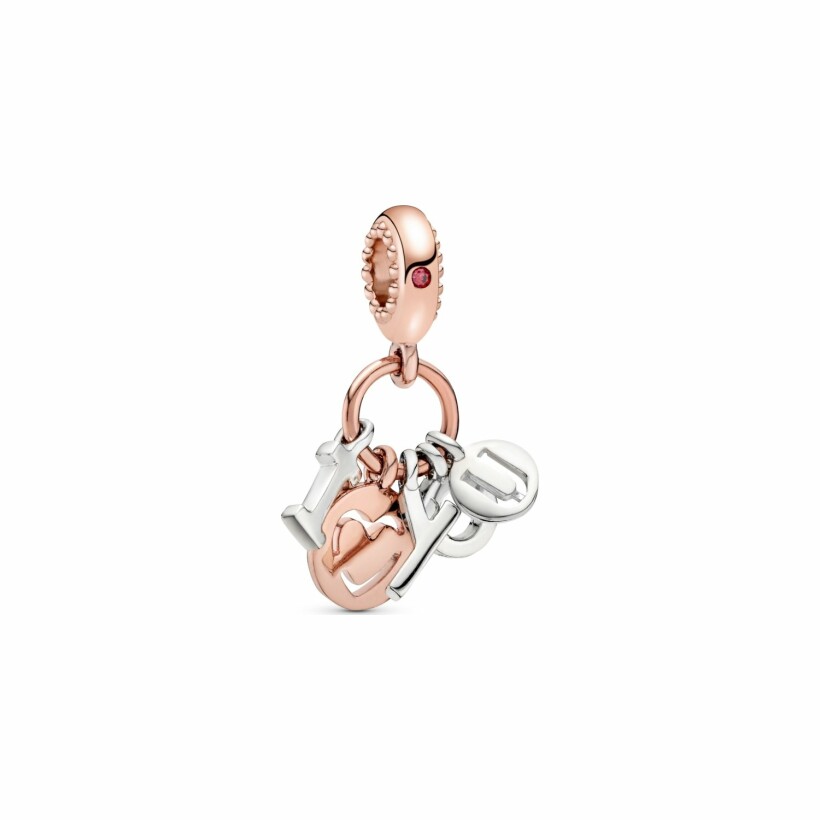 Charm Pandora People pendant lettres i love you (je t'aime) en métal doré rose, argent et oxyde de zirconium