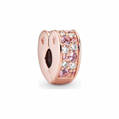 Charm clip Pandora People cœur pavé rose en métal doré rose, silicone et oxyde de zirconium et cristal