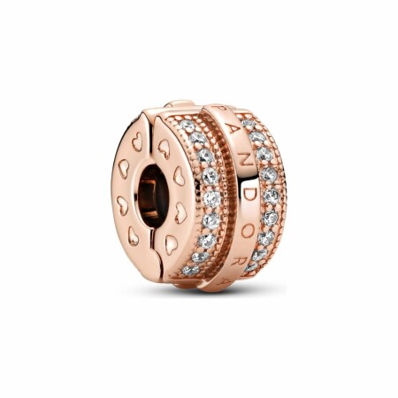 Charm clip Pandora Signature lignes pavé & logo scintillant en métal doré rose et oxyde de zirconium