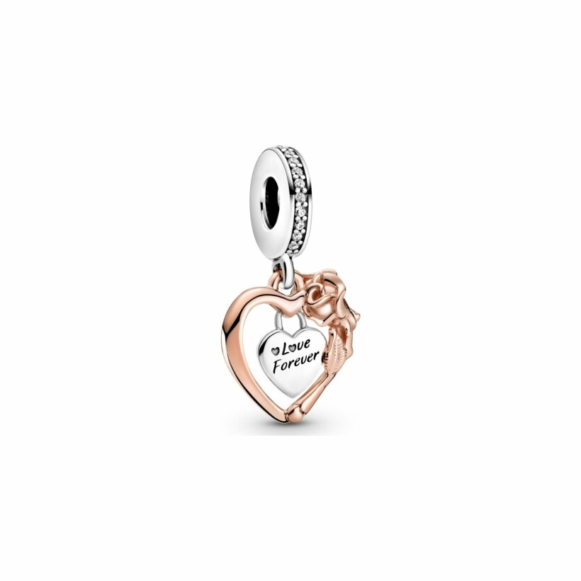 Charm Pandora People pendant cœur & rose en métal doré rose, argent et oxyde de zirconium