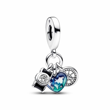 Charm Pandora Moments Pendant Triple Appareil Photo, Cœur & Boussole en argent