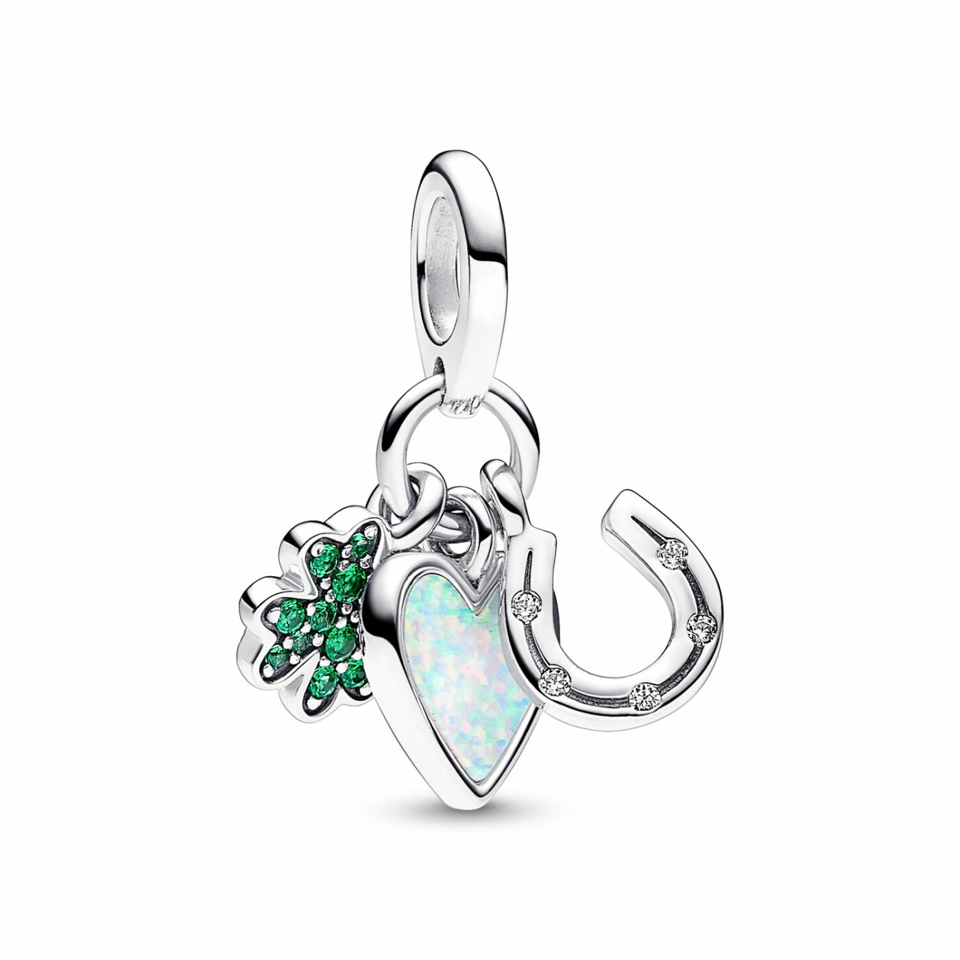 Charm Pandora Moments Pendant Triple Trèfle à Quatre Feuilles, Cœur et Fer à Cheval en argent