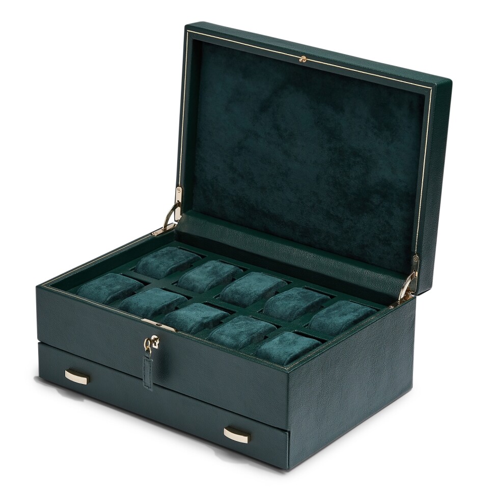 Boîte de rangement pour 10 montres avec tiroir Wolf 1834 British Racing Green en cuir vegan vert