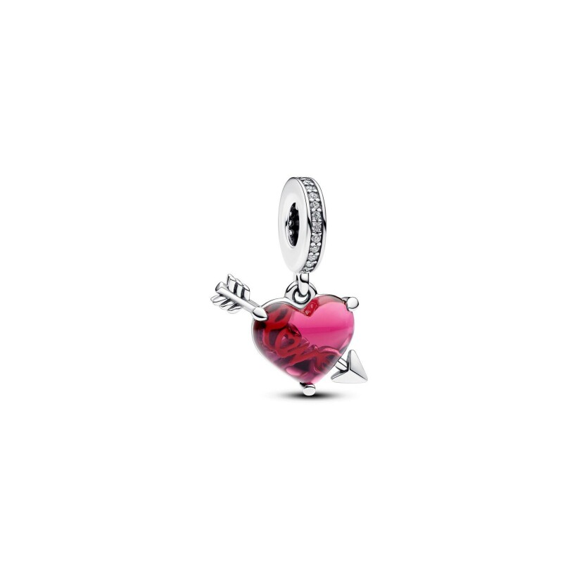 Charm Pandora Pendant Coeur Rouge Et Flèche En Verre De Murano en argent