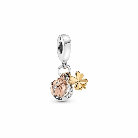 Charm Pandora Passions pendant fer à cheval, trèfle à quatre feuilles & coccinelle en argent, métal doré, métal doré rose et oxyde de zirconium