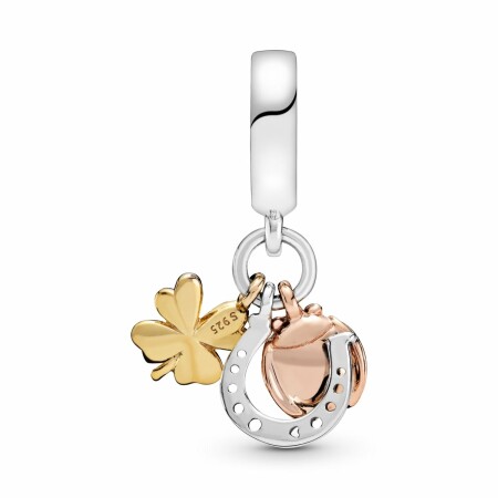 Charm Pandora Passions pendant fer à cheval, trèfle à quatre feuilles & coccinelle en argent, métal doré, métal doré rose et oxyde de zirconium