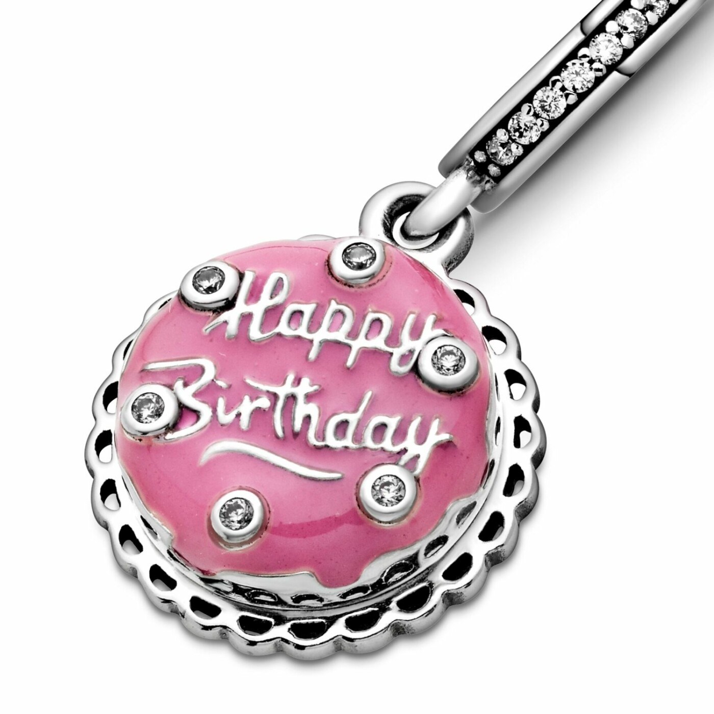 Charm Pandora People pendant gâteau d'anniversaire rose en argent et oxyde de zirconium