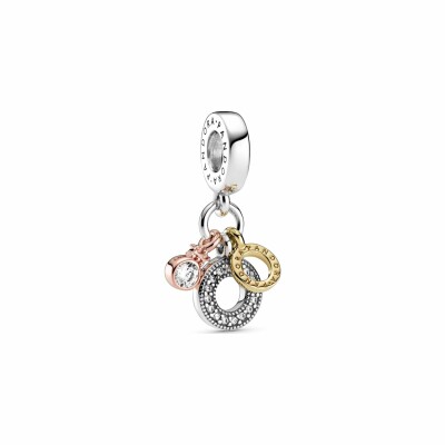 Charm Pandora Signature pendant monogramme & logo triple en argent, métal doré, métal doré rose et oxyde de zirconium