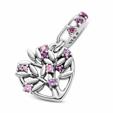 Charm Pandora People pendant arbre de vie cœur rose en argent et oxyde de zirconium, saphir de synthèse, rubis de synthèse