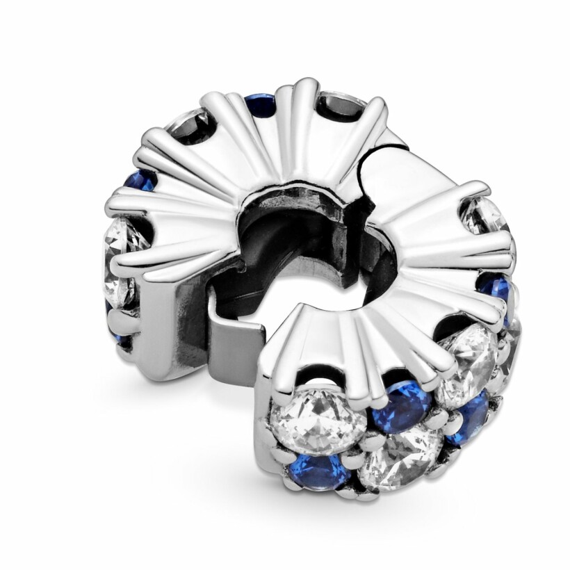 Charm Pandora Timeless clip scintillant incolore & bleu en argent et cristal, oxyde de zirconium