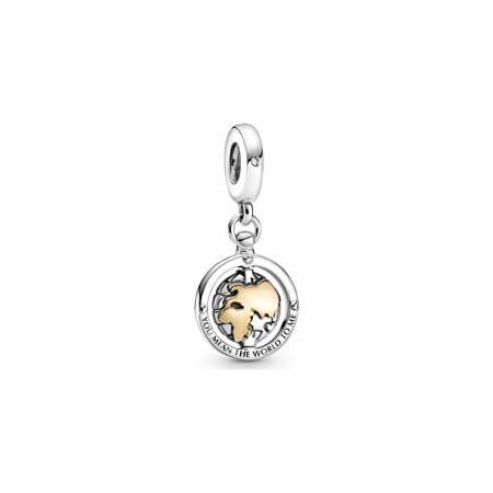 Charm Pandora People pendant monde pivotant en argent, or jaune et oxyde de zirconium