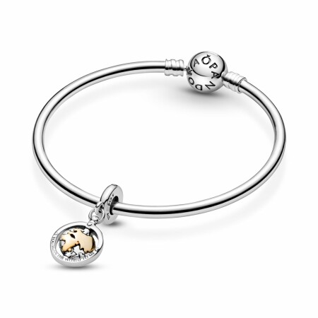 Charm Pandora People pendant monde pivotant en argent, or jaune et oxyde de zirconium