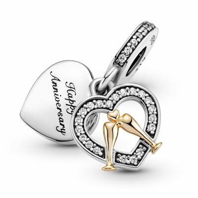 Charm Pandora People pendant joyeux anniversaire de mariage bicolore en argent, or jaune et oxyde de zirconium