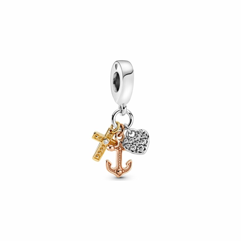 Charm Pandora Passions pendant croix, cœur & ancre tricolore en argent, métal doré, métal doré rose et oxyde de zirconium